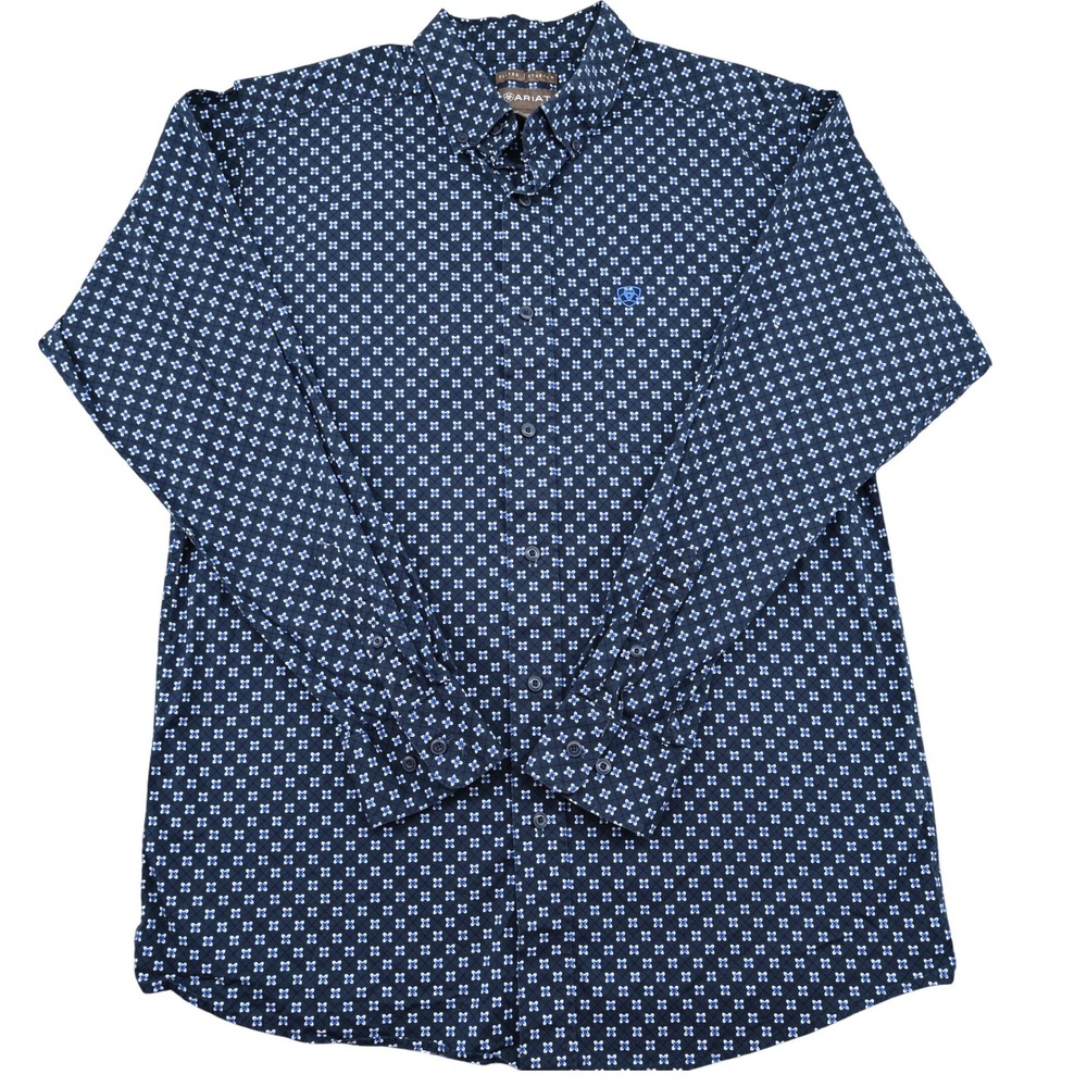 Ariat Mens Large Navy Blue Geometric Print Long Sleeve Button Down Shirt L
